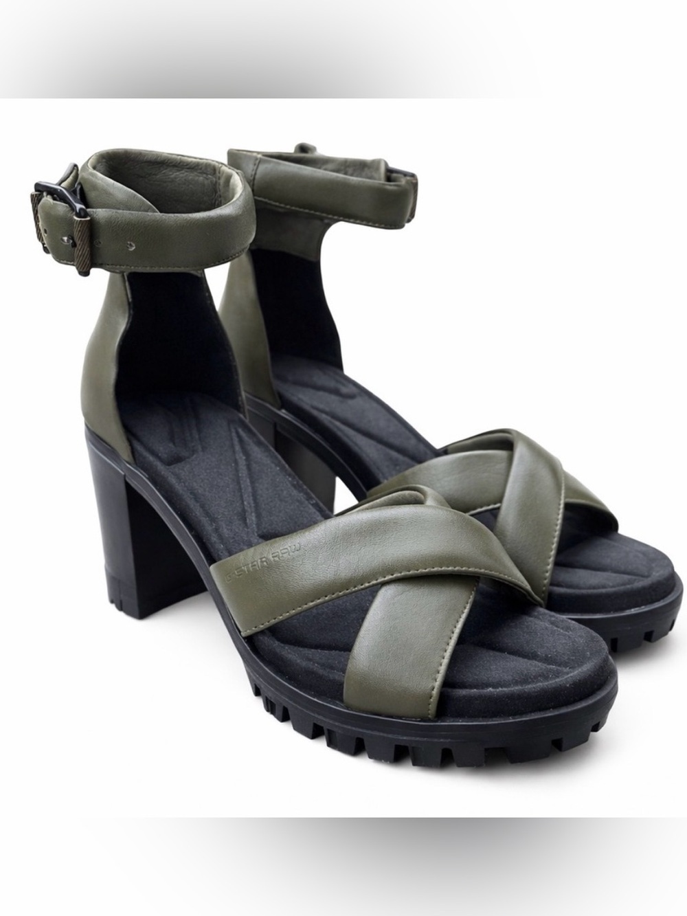 G-Star Raw Kylin Leather Platform Sandals Green Block Heel Women's Size 10